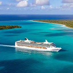 Caribbean Holidays, March Cruises, Aerial view of a Caribbean cruise ship sailing between green islands and bright turquoise water in March sunshine