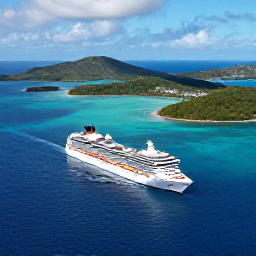 Caribbean Holidays, March Cruises, Aerial view of a cruise ship approaching the turquoise waters and green islands of the British Virgin Islands in bright March sunshine