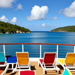 Caribbean Holidays, March Cruises, Colourful cruise ship deck with sun loungers overlooking calm Caribbean sea and tropical British Virgin Islands