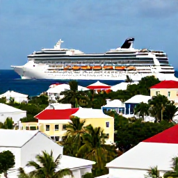 Caribbean Holidays, March Cruises, Colourful waterfront buildings and palm-lined streets in Charlotte Amalie, St Thomas, with a cruise ship in the harbour