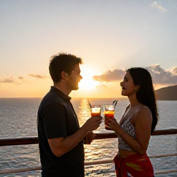 Caribbean Holidays, March Cruises, Friendly couple enjoying a sunset drink on a cruise ship balcony overlooking the British Virgin Islands