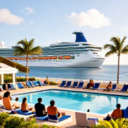Caribbean Holidays, March Cruises, Passengers relaxing beside a cruise ship pool in warm March sunshine, with palm trees, blue sea and deck chairs