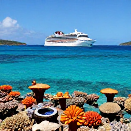 Caribbean Holidays, March Cruises, Small sailing boat and snorkellers over a colourful coral reef in crystal-clear water near the British Virgin Islands