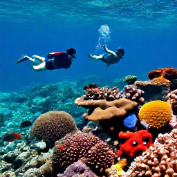 Caribbean Holidays, March Cruises, Snorkellers swimming above colourful coral and tropical fish in clear water near St Thomas, United States Virgin Islands