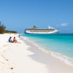 Caribbean Holidays, March Cruises, Visitors relaxing on a broad white-sand beach beside clear shallow water on Grand Turk, Turks and Caicos