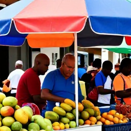 Caribbean Holidays, March Culture Holidays, Bustling Caribbean market with fresh tropical fruit, spices, handmade crafts and friendly local traders under colourful umbrellas