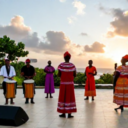 Caribbean Holidays, March Culture Holidays, Caribbean cultural performance at an outdoor venue with drummers, dancers and singers wearing colourful traditional costumes at sunset