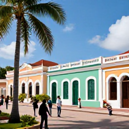 Caribbean Holidays, March Culture Holidays, Historic Caribbean town with pastel colonial buildings, a small museum, palm trees and visitors exploring in warm March sunshine