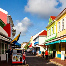 Caribbean Holidays, March Culture Holidays, Philipsburg Sint Maarten heritage street with colourful colonial buildings, local shops, Caribbean flags and pedestrians in warm March sunshine