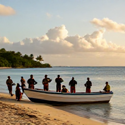 Caribbean Holidays, March Culture Holidays, Relaxed Caribbean waterfront at golden hour with visitors enjoying local music, small boats and an authentic island atmosphere