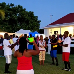 Caribbean Holidays, March Culture Holidays, Traditional Caribbean music and dancing at an outdoor cultural celebration in Saint Martin and Sint Maarten, with locals and visitors enjoying the evening