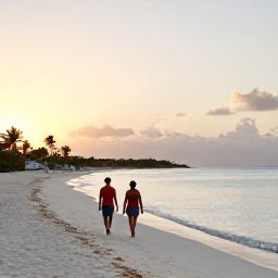 Caribbean Holidays, March Curacao, Couple walking along a quiet white-sand beach in Cura&ccedil;ao at sunset, with calm blue water and low palm trees