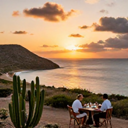 Caribbean Holidays, March Curacao, Cura&ccedil;ao coastline with a small beach, cactus-covered hills and a couple enjoying a sunset dinner outdoors