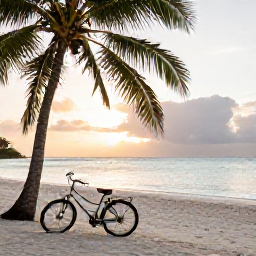 Caribbean Holidays, March Cycling Holidays, A bicycle parked beside a quiet white-sand beach in the Grenadines at sunset, with palm trees and calm turquoise sea