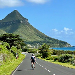 Caribbean Holidays, March Cycling Holidays, A cyclist riding along a quiet tropical coastal road on Saint Vincent, with green hills, blue sea and bright March sunshine