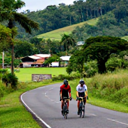 Caribbean Holidays, March Cycling Holidays, A road cyclist following a scenic route through Trinidad's green countryside, with forested hills and a small village in the distance