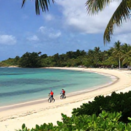 Caribbean Holidays, March Cycling Holidays, Cyclists beside a calm beach on Tobago, with turquoise water, tropical vegetation and a relaxed island road