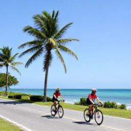 Caribbean Holidays, March Cycling Holidays, Cyclists riding along a quiet coastal road in Trinidad and Tobago beneath bright March sunshine, with palms and blue sea nearby