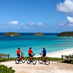 Caribbean Holidays, March Cycling Holidays, Cyclists stopping at a peaceful Caribbean viewpoint overlooking turquoise water, small islands and a sandy beach