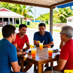 Caribbean Holidays, March Cycling Holidays, Cyclists stopping at a roadside caf&eacute; in Trinidad and Tobago, enjoying fresh tropical fruit and cold drinks in warm sunlight
