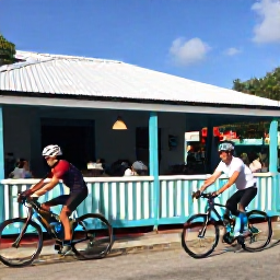 Caribbean Holidays, March Cycling Holidays, Friendly cyclists enjoying a local lunch beside a colourful Caribbean caf&eacute; after a morning ride