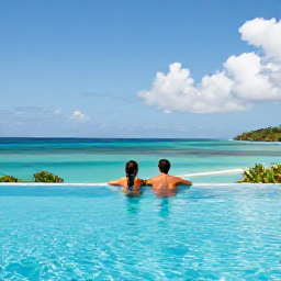 Caribbean Holidays, March Escapes, Couple enjoying a peaceful adults-only resort pool overlooking the Caribbean Sea in Trinidad and Tobago