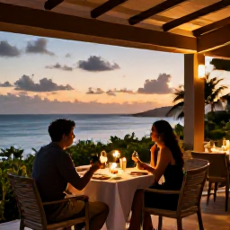 Caribbean Holidays, March Escapes, Elegant adults-only resort restaurant in Saint Kitts at sunset, with outdoor tables, warm lighting and a couple enjoying Caribbean dining