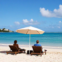 Caribbean Holidays, March Escapes, Golden sandy beach on Saint Kitts with clear blue sea, shaded loungers and an adult couple enjoying a peaceful morning by the water