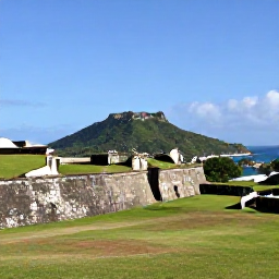 Caribbean Holidays, March Escapes, Historic Brimstone Hill Fortress on Saint Kitts with green hills, blue sky and distant Caribbean sea views