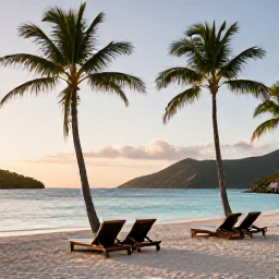 Caribbean Holidays, March Escapes, Quiet adults-only beach resort in the British Virgin Islands at sunrise, palm trees, turquoise water and comfortable loungers