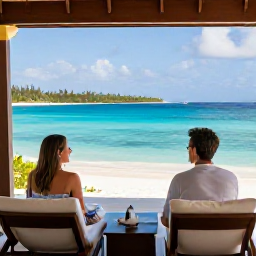Caribbean Holidays, March Escapes, Relaxed couple on an adults-only British Virgin Islands resort terrace overlooking turquoise sea and tropical islands in March