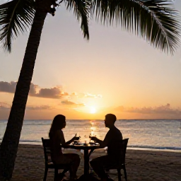 Caribbean Holidays, March Escapes, Romantic sunset dinner for two on a Caribbean beach in Tobago, with warm evening light and palm trees
