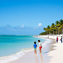 Caribbean Holidays, March Family Holidays, A bright family-friendly beach in Punta Cana, Dominican Republic, with calm turquoise water, soft white sand, palm trees and children playing safely near the shoreline