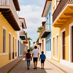 Caribbean Holidays, March Family Holidays, A family exploring the colourful colonial streets and historic buildings of Santo Domingo, Dominican Republic, in warm March sunshine