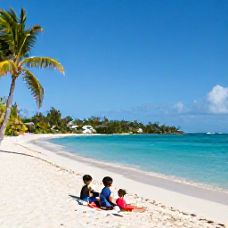 Caribbean Holidays, March Family Holidays, A family relaxing on a sunny white-sand beach in St Thomas, United States Virgin Islands, calm turquoise sea and palm trees
