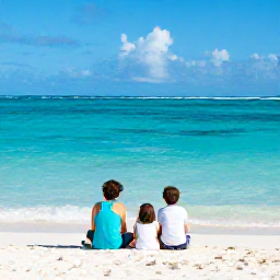 Caribbean Holidays, March Family Holidays, A happy family relaxing on a bright white beach beside calm turquoise water in Providenciales, Turks and Caicos Islands, sunny March morning