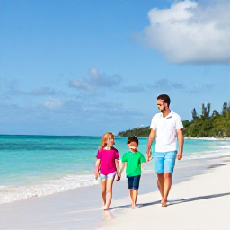 Caribbean Holidays, March Family Holidays, A happy family walking along a calm sandy beach in Tobago beneath a bright March sky