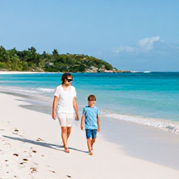Caribbean Holidays, March Family Holidays, A happy family walking along a quiet white-sand beach in the British Virgin Islands in March, turquoise sea and gentle sunshine