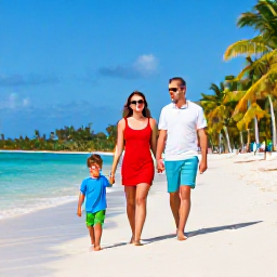 Caribbean Holidays, March Family Holidays, A happy family walking along a sunny Caribbean beach in March, clear turquoise water and palm trees
