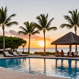 Caribbean Holidays, March Family Holidays, A welcoming Dominican Republic family resort at sunset, showing a swimming pool, palm trees, comfortable loungers and families enjoying an evening atmosphere