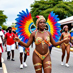 Caribbean Holidays, March Family Holidays, Colourful Trinidad Carnival performers in feathered costumes dancing in a lively street parade