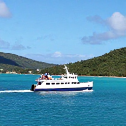 Caribbean Holidays, March Family Holidays, Family boarding a small ferry between tropical islands in the United States Virgin Islands, bright blue sea and green Caribbean coastline
