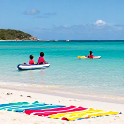 Caribbean Holidays, March Family Holidays, Family enjoying a calm morning on a British Virgin Islands beach, children paddling in shallow clear water beside colourful beach towels