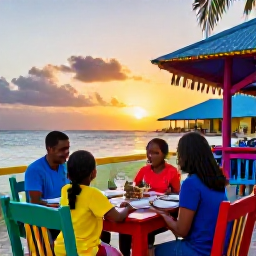 Caribbean Holidays, March Family Holidays, Family enjoying a relaxed outdoor dinner at a colourful Caribbean restaurant in Tobago at sunset