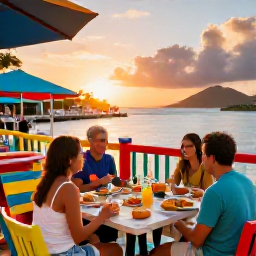 Caribbean Holidays, March Family Holidays, Family enjoying a relaxed outdoor meal at a colourful waterfront restaurant in the United States Virgin Islands at sunset