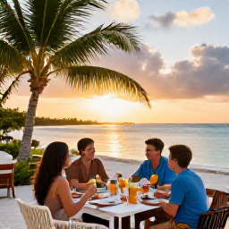 Caribbean Holidays, March Family Holidays, Family enjoying an outdoor dinner at a relaxed beachfront restaurant in Providenciales at sunset, Turks and Caicos Islands