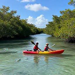Caribbean Holidays, March Family Holidays, Family exploring a calm mangrove channel by guided kayak in the Turks and Caicos Islands, with birds and clear shallow water