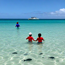 Caribbean Holidays, March Family Holidays, Family snorkelling in clear shallow Caribbean water near Tortola, colourful fish visible below and a small boat in the background