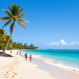 Caribbean Holidays, March Family Holidays, Family swimming and relaxing on a quiet golden beach in Tobago with turquoise water and palm trees