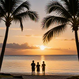 Caribbean Holidays, March Family Holidays, Family watching a golden Caribbean sunset from a beach, calm sea and silhouettes of palm trees